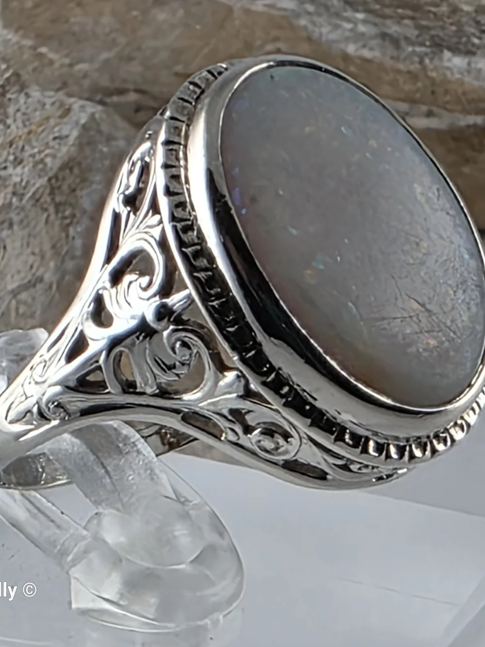 Vintage 14K White Gold Opal Art-Deco Ring Size 7.25 - Solid Gold! 👌🎁